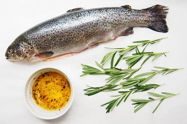 Frische Forelle, Öl mit Gewürzen und Rosmarin
