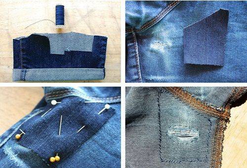 Annähen eines Flickens an die Jeans