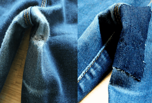 Jeans vor und nach dem Annähen des Flickens