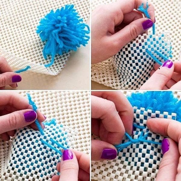 Befestigung der Pompons am Gitter