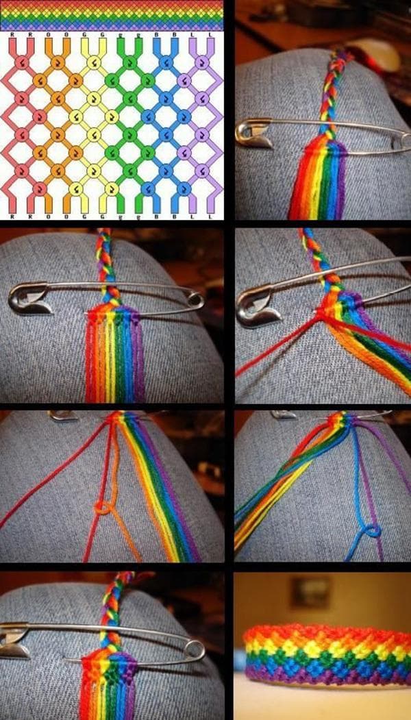 Flechten eines Regenbogen-Armbands aus Fäden