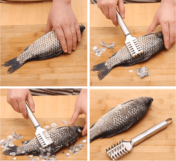 Reinigen von Fisch mit einem speziellen Schaber