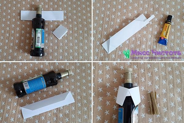 Zusammenkleben des Papierkragens für die Flasche