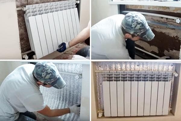 Montage der Wärmedämmplatte hinter dem Heizkörper