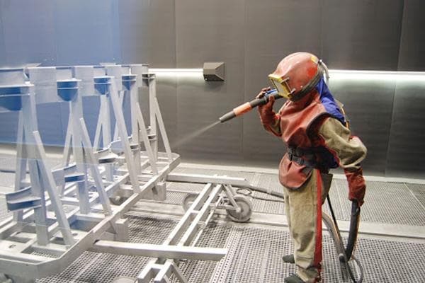 Sandstrahlbehandlung von lackiertem Metall