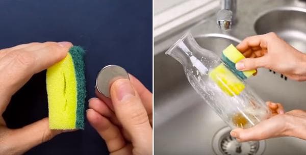 Flaschenreinigung mit Schwamm und Magnet