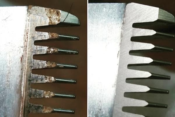 Klinge einer Haarschneidemaschine vor und nach dem Schärfen