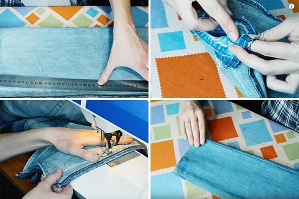 Eine Frau näht Jeans an den Seiten enger