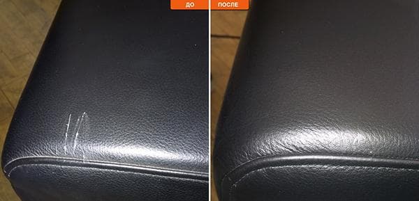 Sofa vor und nach der Reparatur mit Flüssigleder