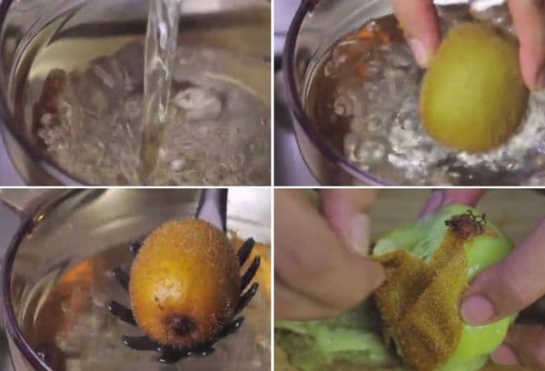 Kiwi mit kochendem Wasser schälen