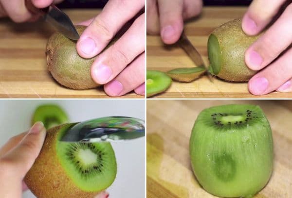 Schälen einer Kiwi mit einem Löffel