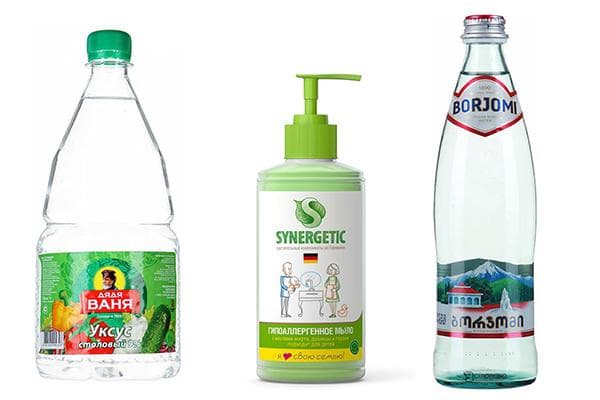 Essig, Flüssigseife und Bordschomi