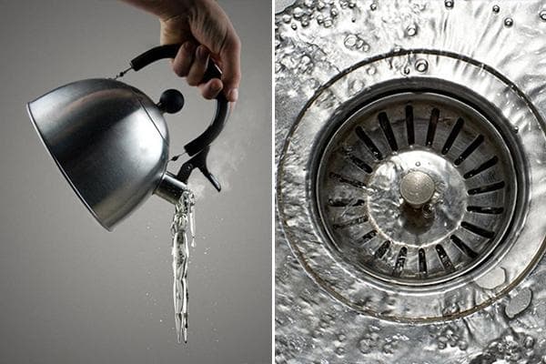 Beseitigung einer Verstopfung im Waschbecken mit kochendem Wasser