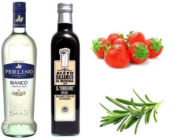 Erdbeeren, weißer Wermut, Rosmarin, Balsamico-Essig.