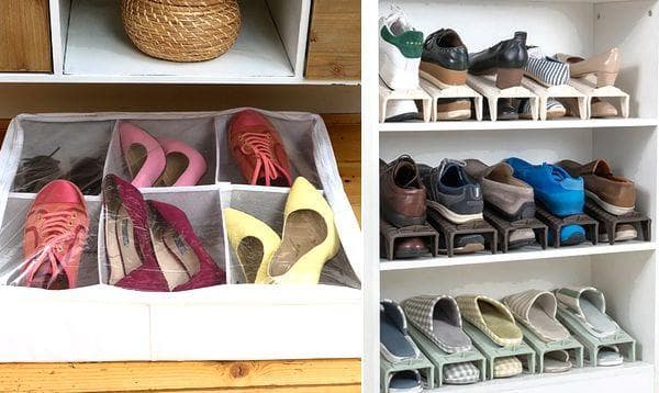 Kompakte Regale und Textiltaschen für Schuhe