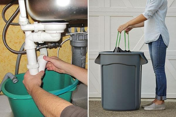Reinigung des Siphons unter dem Waschbecken und Müllentsorgung