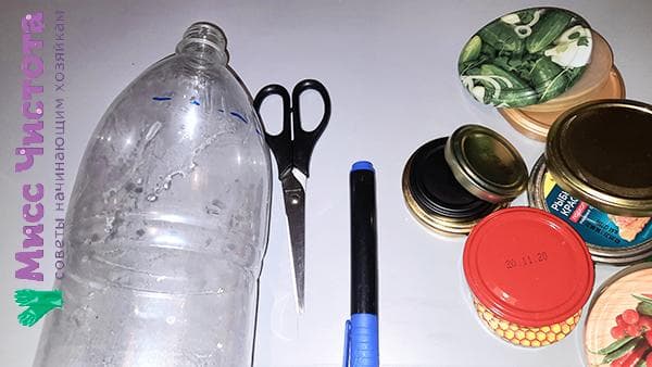 Flasche, Deckel, Schere und Marker