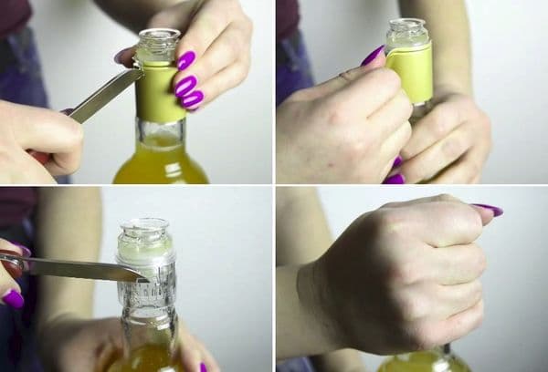 Entfernen des Ausgießers aus der Flasche mit einem Messer