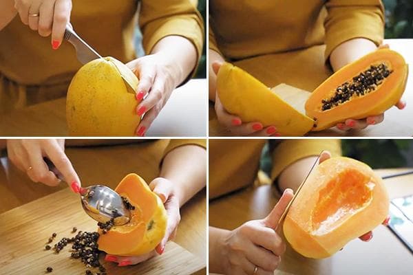 Eine junge Frau schält Papaya