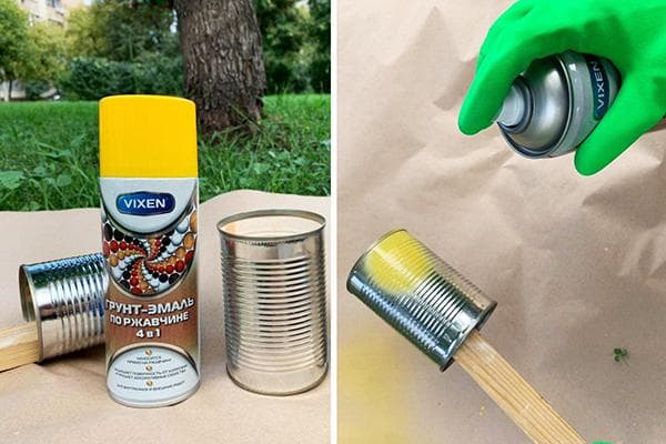 Bemalen einer Blechdose mit gelber Farbe aus der Sprühdose