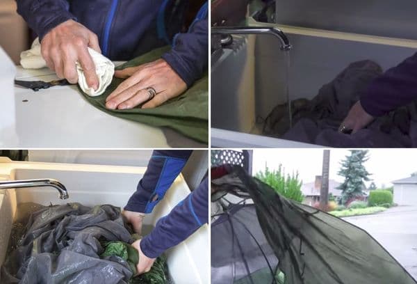 Manuelle Reinigung eines Zeltes