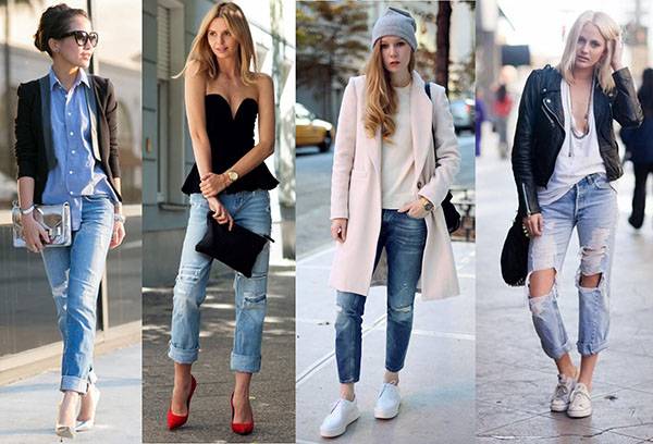 Kombination von zerrissenen Jeans mit anderer Kleidung