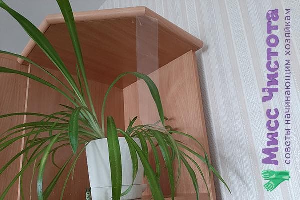 Ein Klebebandstreifen, an einem Eckregal befestigt