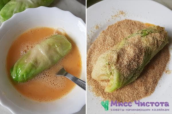 Wälzen der Roulade in Teig und Panade