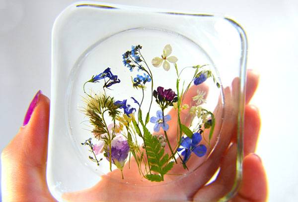 Blumen in ausgehärtetem Epoxidharz