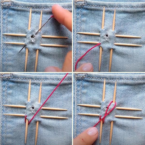 Jeans auf Zahnstochern stopfen