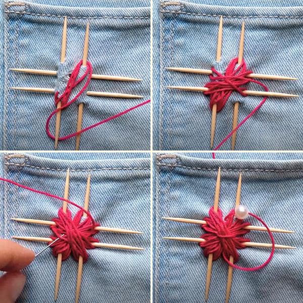 Jeans auf Zahnstochern in Form einer Blume stopfen