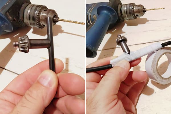 Befestigung des Bohrerschlüssels am Kabel mit Isolierband