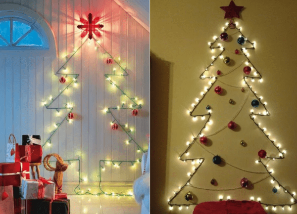Baumkontur aus Lichterketten an der Wand