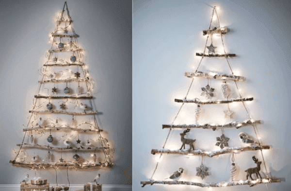 Weihnachtsbaum aus Lichterkette und Stöcken