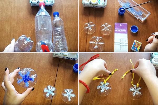 Herstellung eines Weihnachtsbaumschmucks mit einer Schneeflocke aus einer Plastikflasche