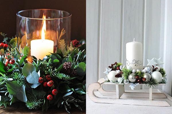Kerzen in weihnachtlichen Arrangements