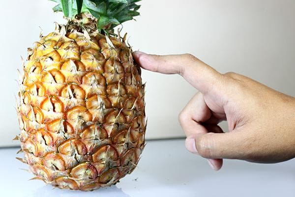 Reifetest bei Ananas durch Drücken auf die Schuppen